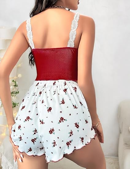 Women’s 2-Piece Floral Cami & Shorts Pajama Set – Lace Trim Sleepwear